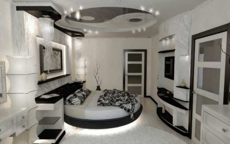 кровать в спальне в стиле минимализм
