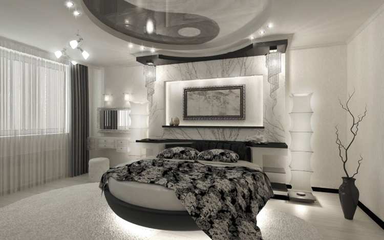 кровать в спальне в стиле минимализм
